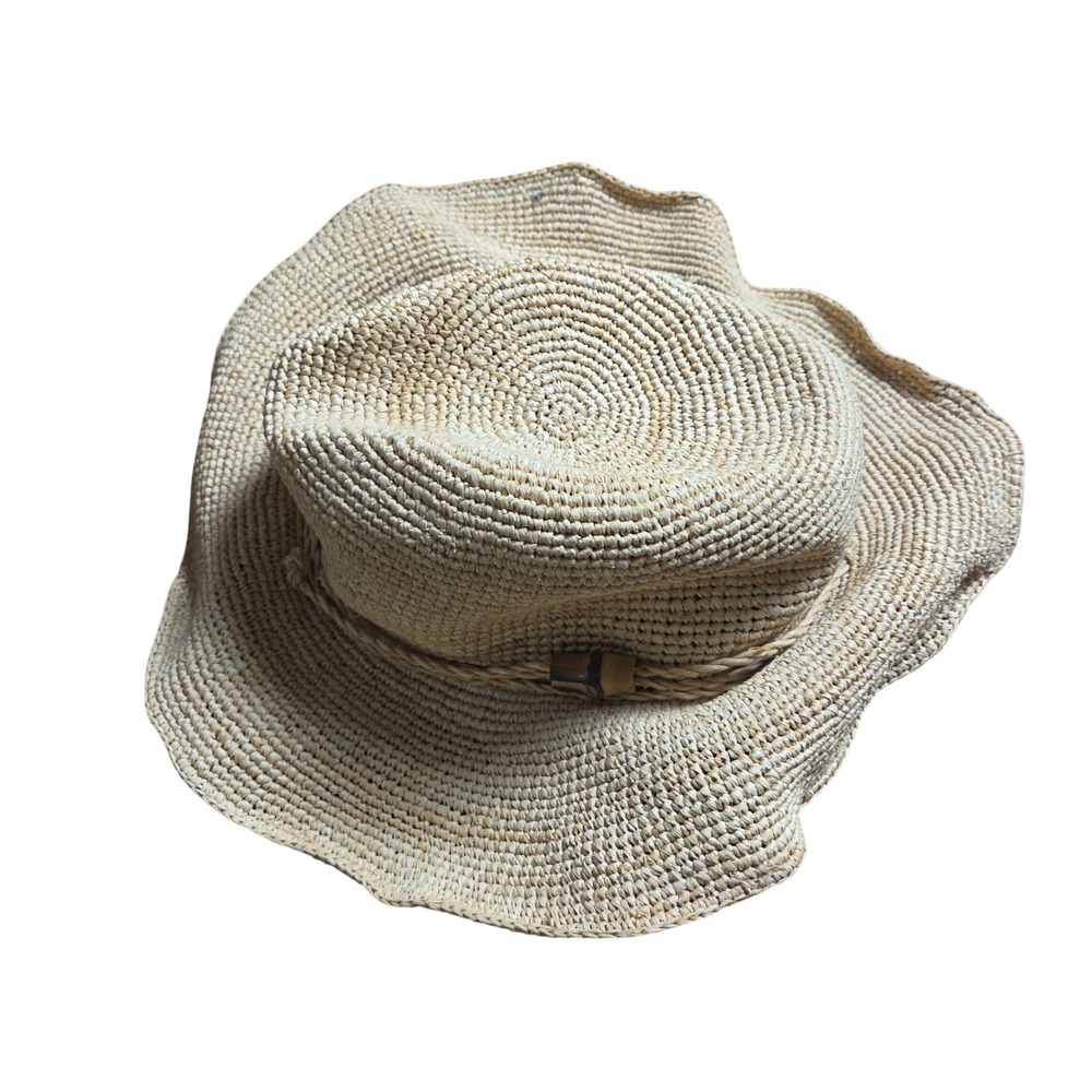 J.McLaughlin Natural Raffia Sun Hat Wide Wavy Brim OS Resort Coastal Beach